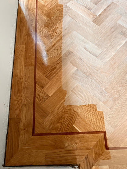 Our Character Grade Oak Blocks Receiving First Coat of Clear Hardwax (satin) [Parquet Collection]