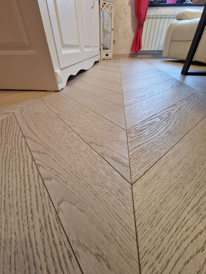 Prime Chevron Point Flooring Lightly Brushed, Finished with Raw Lacquer (matte)