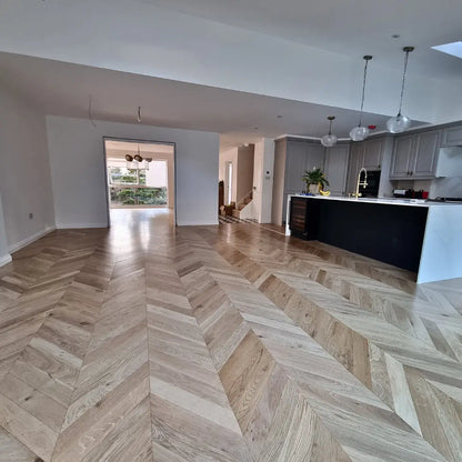 Character Grade Chevron Point Flooring Finished with  Clear Lacquer (satin)