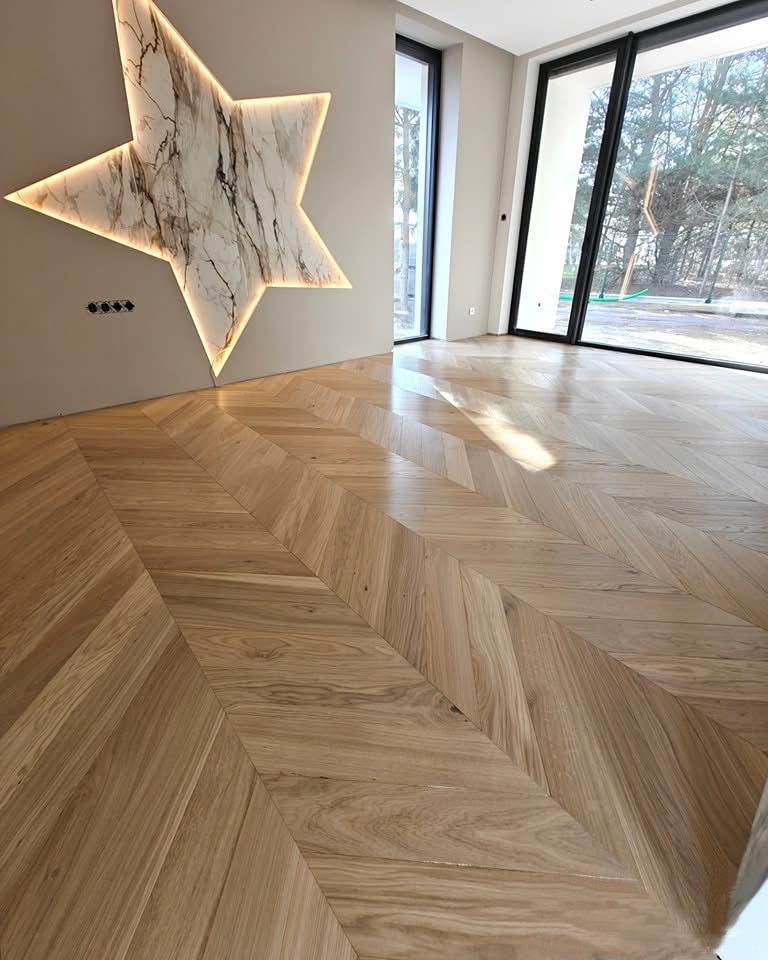 Character Grade Chevron Point Flooring Finished with clear Lacquer (satin)